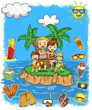 FAMILY AND SUMMER DOODLE ICON SET WITH COCONUT ISLAND BACKGROUND Stock Illustration