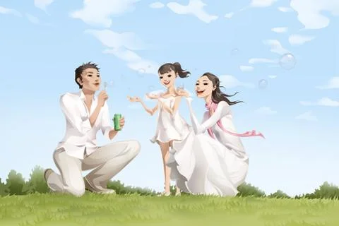 Family blowing bubbles Stock Illustration