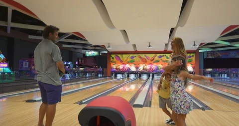 Family Bowling Together, Parents with Kids Fun Stock Footage
