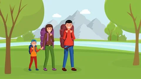 Family camping flat style vector illustration Stock Illustration