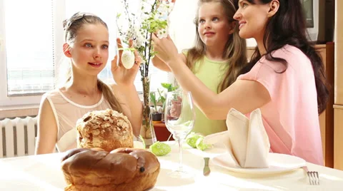Family with child hang easter egg. Stock Footage 36839073