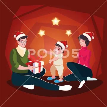 Family christmas evening scene, parents and children Stock Illustration