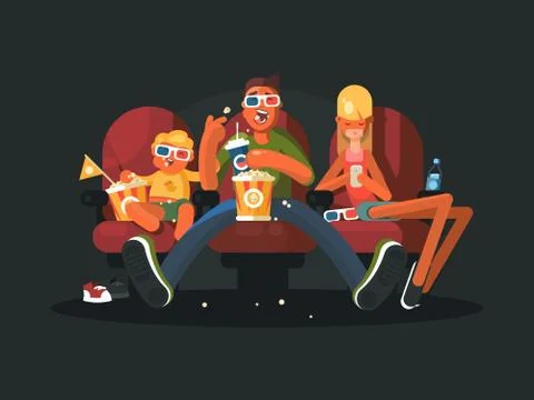 Family in the cinema watching movie Stock Illustration