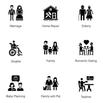 Family, Couples, and Home Solid Vectors Pack Stock Illustration