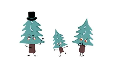 Family of cute Christmas tree characters with joyful emotions Stock Illustration