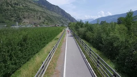 Family Cyclists on a cycle path Stock Footage 129427253