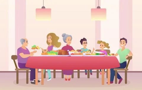 Family dinner. Christmas or Thanksgiving day celebrating. Family eating together Stock Illustration