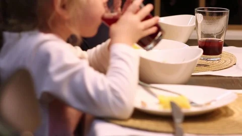 Family dinner. Dining table, close-up Stock Footage 84763973