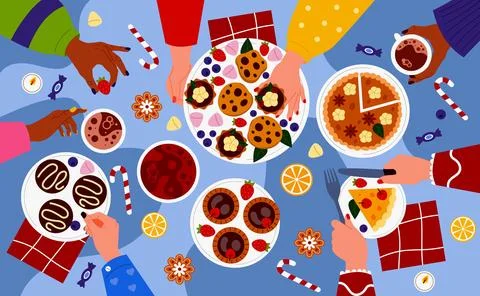 Family dinner. Hands at dining table. People talking and eating holiday food Stock Illustration
