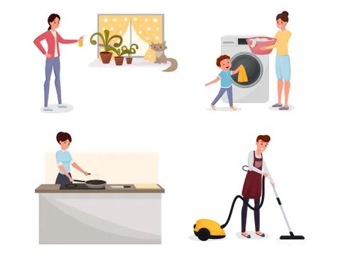 Family doing housework flat illustrations set. Man using vacuum cleaner, mom and Ilustración de archivo