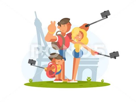 Family doing selfie on vacation Stock Illustration