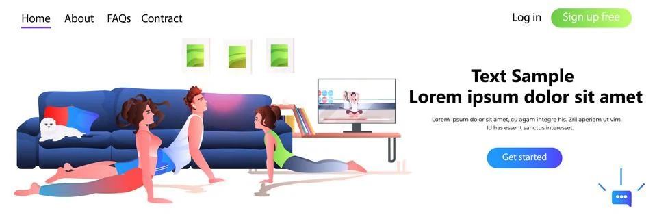 Family doing stretching exercises while watching online video training program Stock Illustration