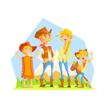Family Dressed As Cowboys With Mountain Landscape On Background Stock Illustration
