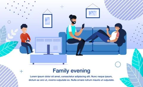 Family Evening Routine Flat Vector Banner, Poster Stock Illustration