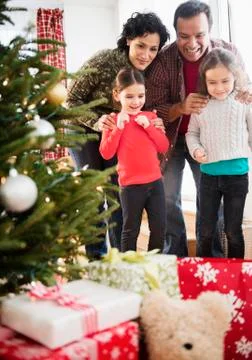 Family examining presents under Christmas tree Stock Photos