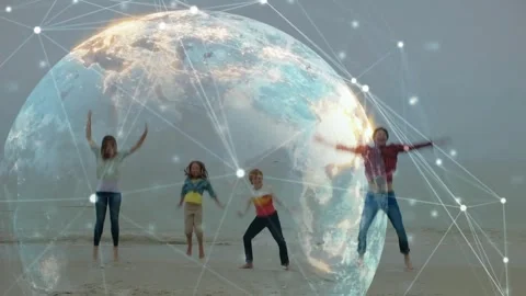 Family of four doing synced jumps to beats on beach, globe overlay encircling Stock Footage 330577527