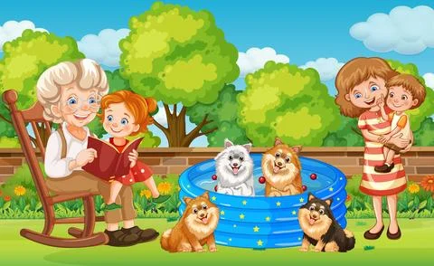 Family Fun in the Backyard Stock Illustration