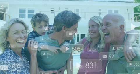 Family gathering posing in front of big house, starting notification bubbles Stock Footage 333936365