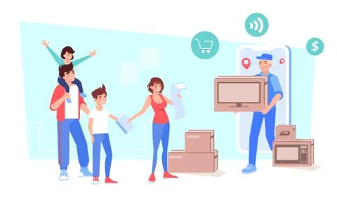 Family getting ordered online electronics goods Illustrazione stock