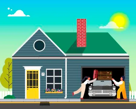 Family is going to rest. Loading things on the car near the house. Vector ill Stock Illustration