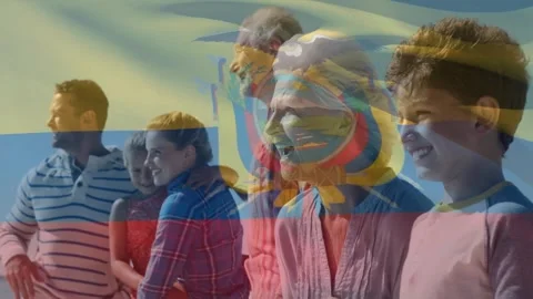 Family group standing on sand as frames advance causing overlay rippling over Video stock 332405579