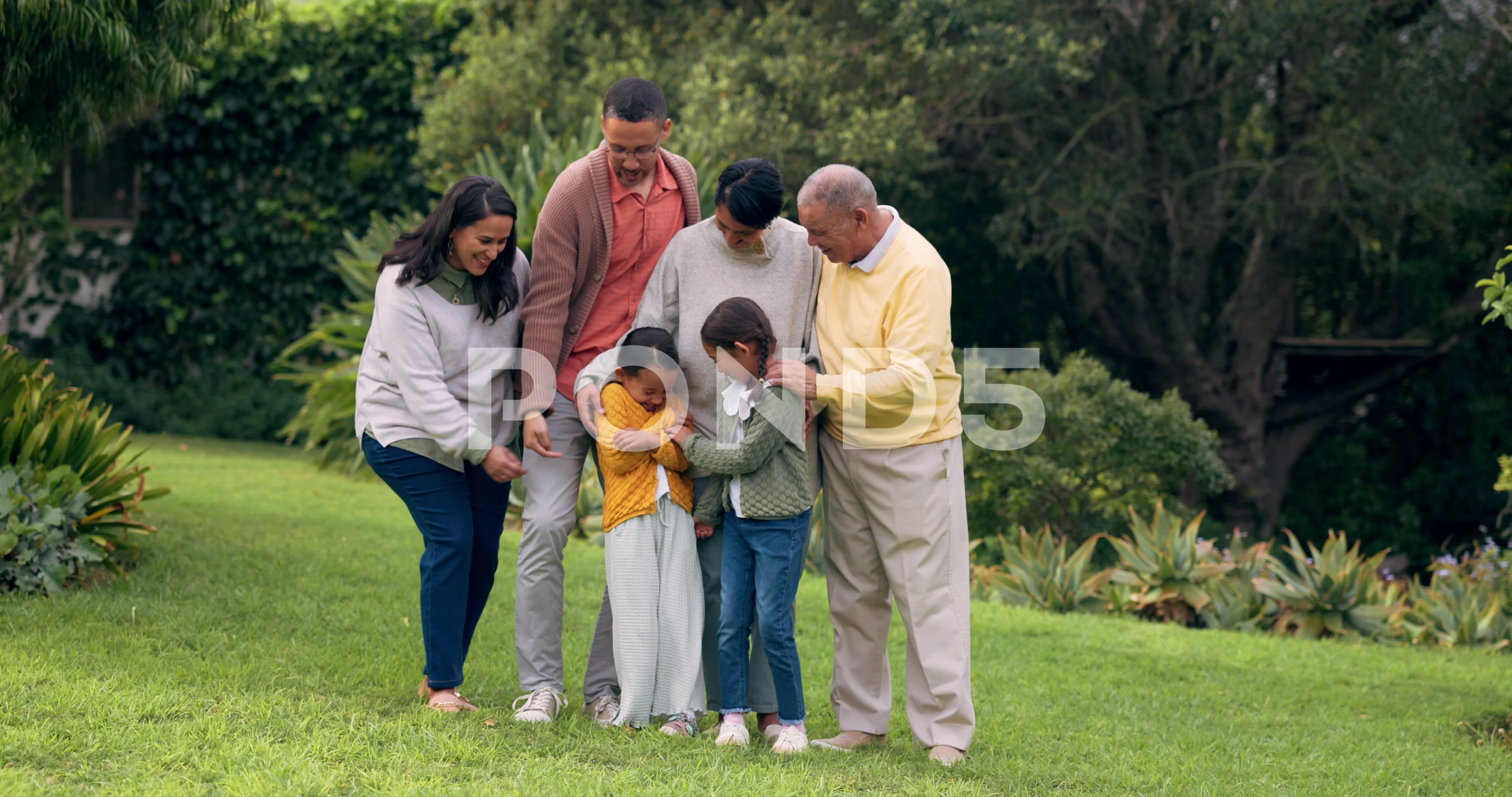 Family, happy and tickling children outdoor at a park with love and care.  Men