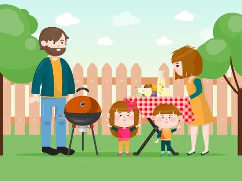 Family having a bbq on backyard vector illustration. Happy people on summer Stock Illustration
