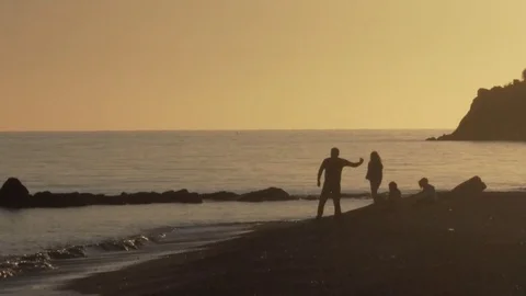 A family having fun on the beach during the sunset Stock Footage 82494944
