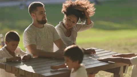 Family having fun at picnic table in park Stock Footage 313585570