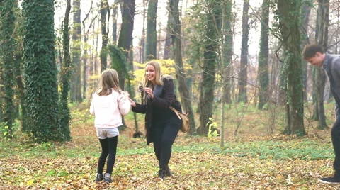 Family having fun together, throwing leaves at each other in park Stock Footage 59553819