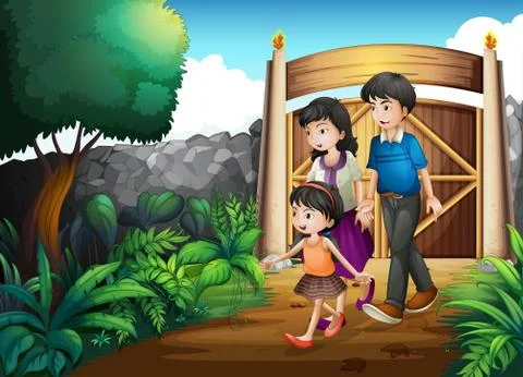 A family inside the gate Stock Illustration