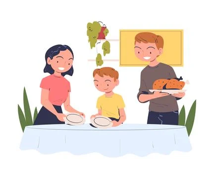 Family in the Kitchen at Table Serving Plate and Turkey Vector Illustration Stock Illustration