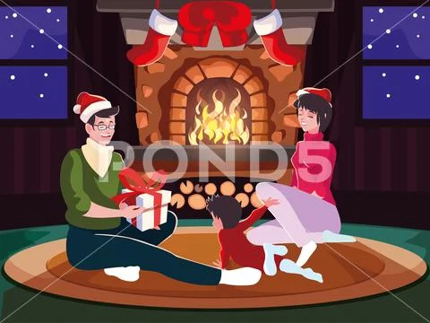 Family in living room with christmas decoration, christmas evening scene Stock Illustration