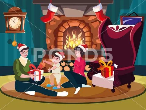 Family in living room with christmas decoration, christmas evening scene Stock Illustration