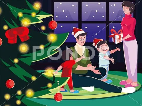 Family in living room with christmas decoration, christmas evening scene Stock Illustration