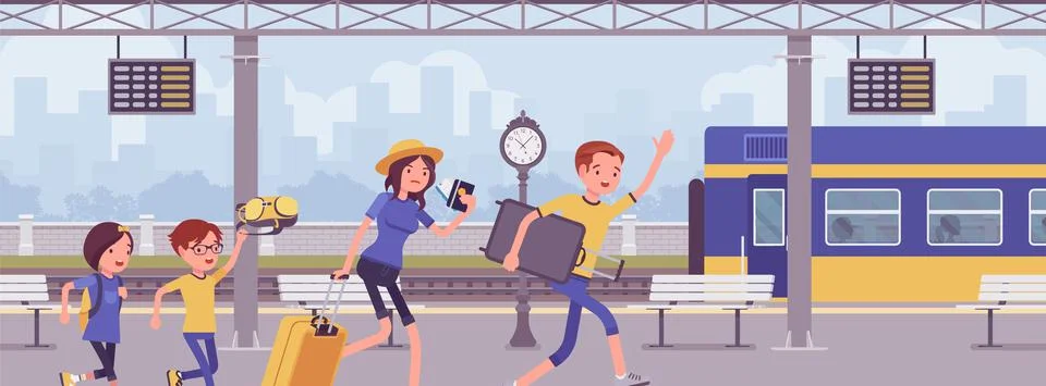 Family missing the train, hurrying at trainstation Stock Illustration