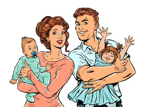 Family mom and dad with children in their arms. pop art retro illustration 50s Stock Illustration