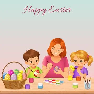 Family painting Easter eggs vector illustration 스톡 일러스트