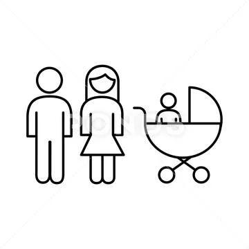 Family parents couple with baby in cart figures line style icon: Royalty  Free #137563074