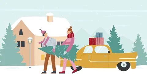 Family people carry christmas tree, car with gifts in snow city street, winter Stock Illustration