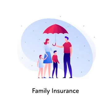 Family person insurance concept. Parents with childs holding umbrella Stock Illustration
