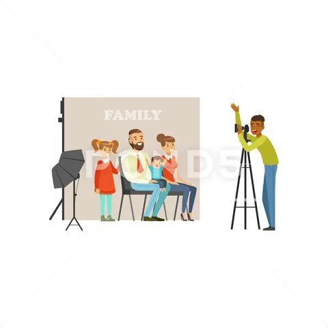 Family photo shoot in studio. Happy father, mother, daughter and little son Stock Illustration