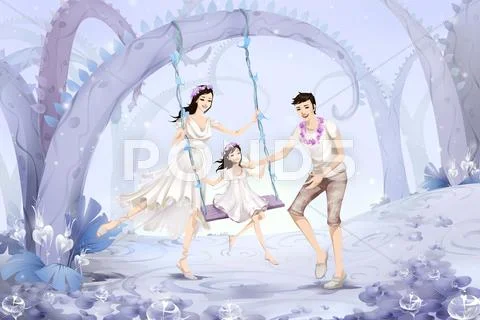 Family playing the swing in forest Stock Illustration