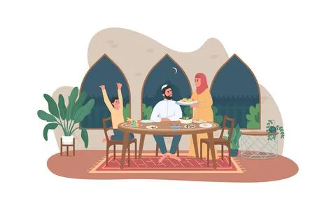 Family ramadan meal 2D vector web banner, poster Stock Illustration
