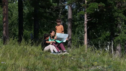 Family reading map in forest Stock Footage 314974040