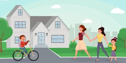 Family returning home flat vector illustration. Cute schoolboy riding bicycle Stock Illustration