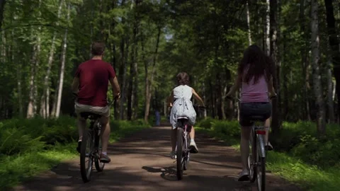 Family riding bicycles down forest trail and talking Stock Footage 133607057