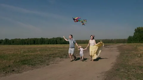 Family running in the field with kite on a bright summer day Stock Footage