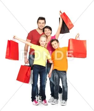 Family with shopping bags standing at studio Stock Photos
