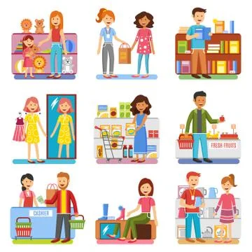 Family Shopping Concept  Flat PIctograms Collection Stock Illustration